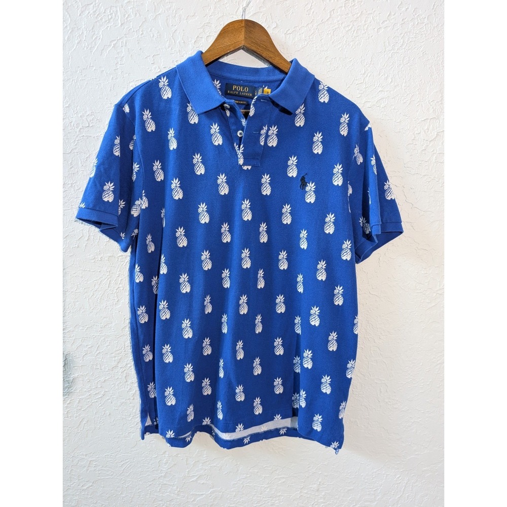 Polo Ralph Lauren Polo Shirt Mens L Cotton Blue Pineapple Print Custom